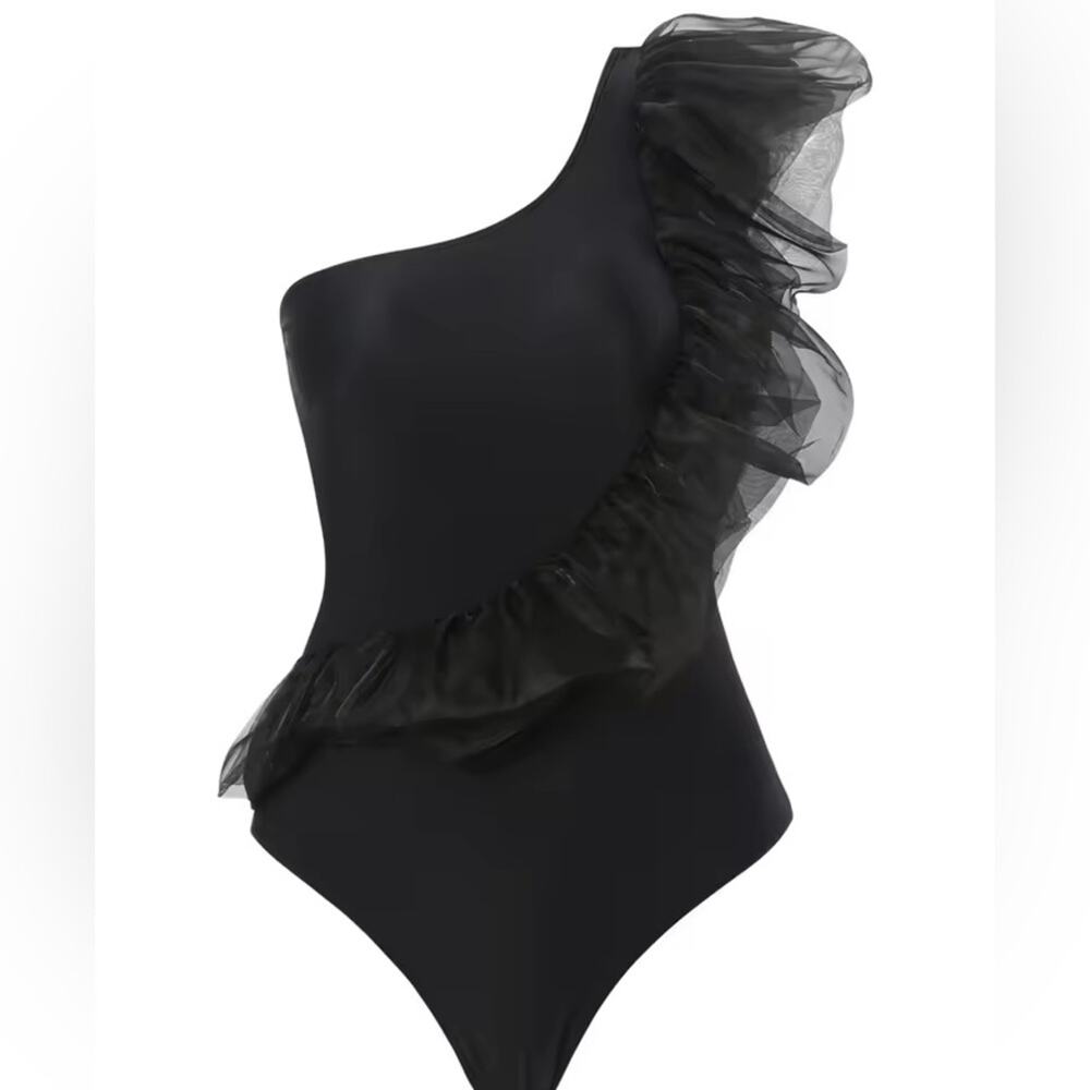 One Shoulder Black Ruffle Organza Trim Swimsuit
